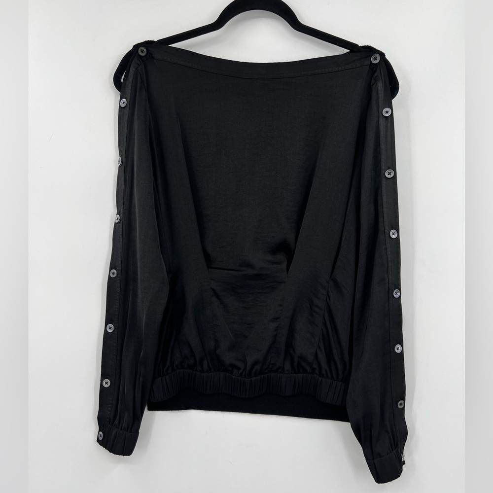 All Saints Button-Sleeve Blouse Square Neck Ruched Wool & Polyester Black Small